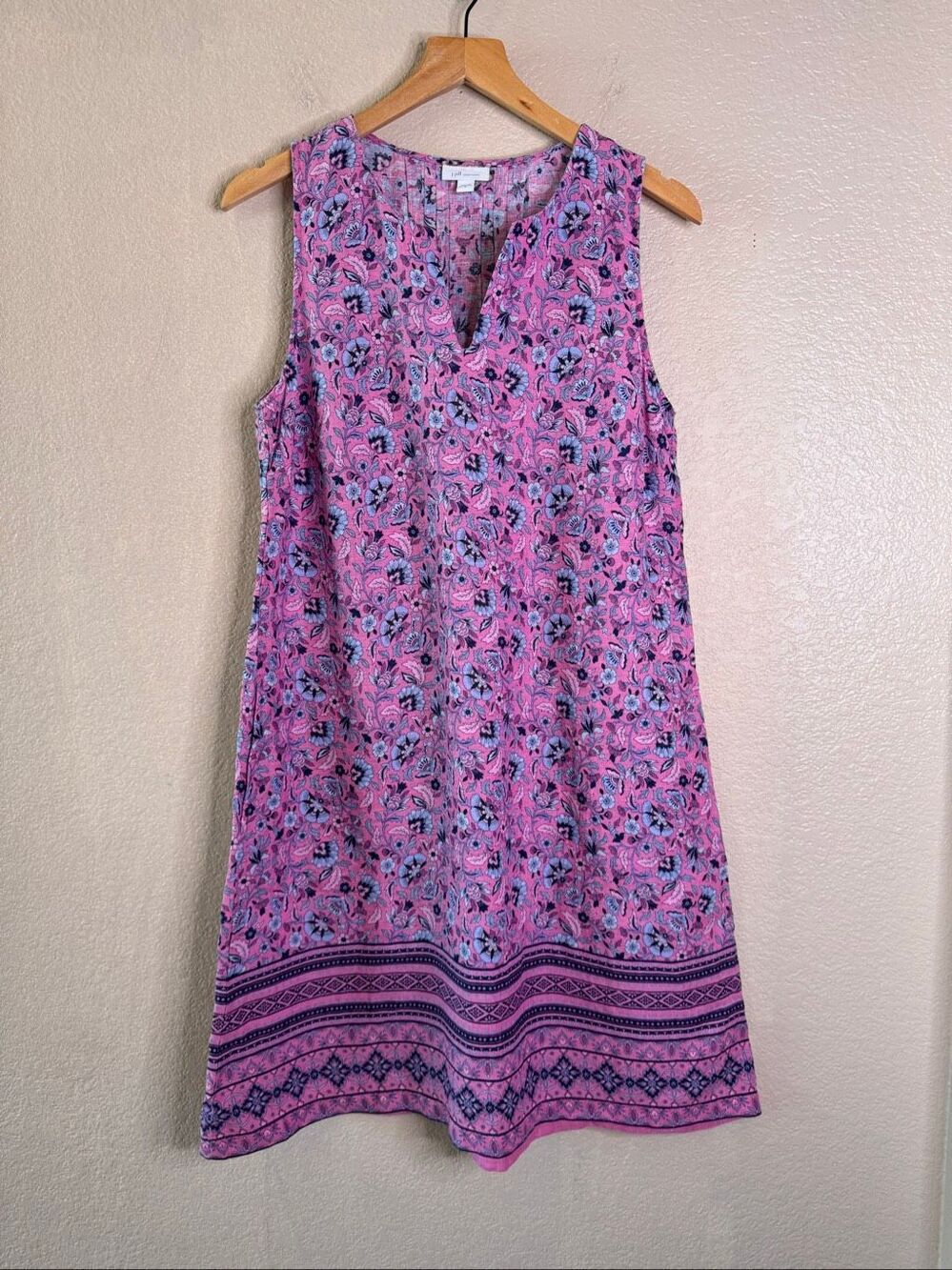 J Jill Love Linen Sleeveless Shift Dress 100% Linen Small Pink Floral Pockets